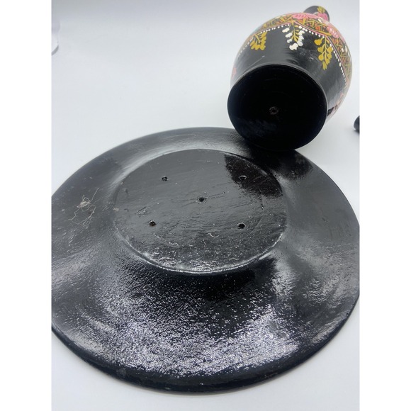 Wooden Hand Painted Pitcher Decanter & Tray Plate Floral Black Pink Boho Easter - Picture 6 of 15